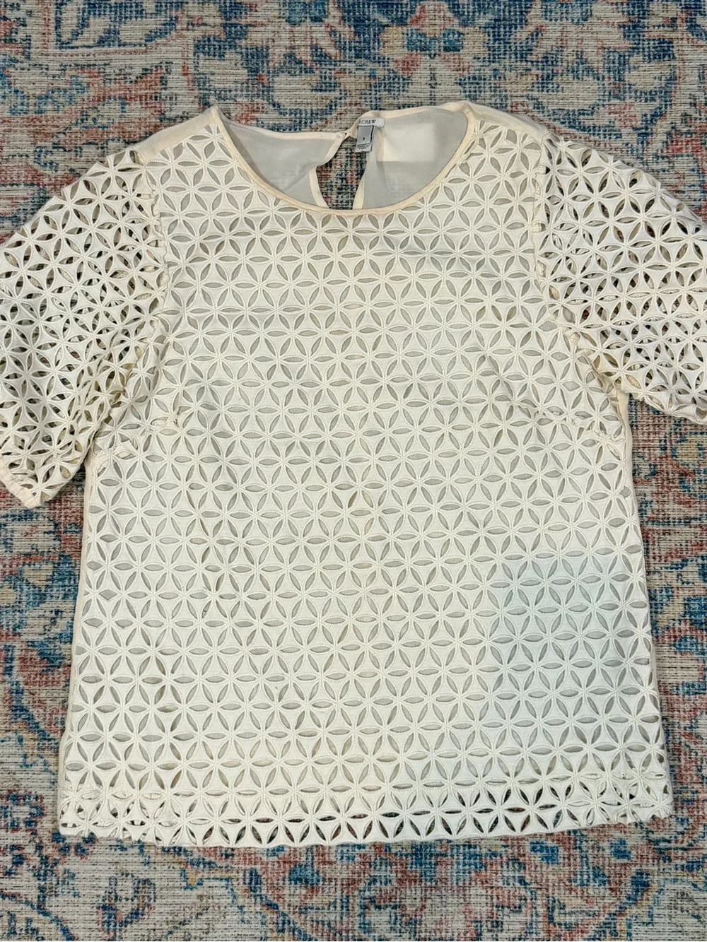 J.Crew Collection Pinwheel Eyelet Top S Ivory Cotton Silk Puff Sleeve Fall